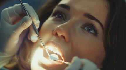 Wall Mural - A woman is getting her teeth cleaned by a dentist