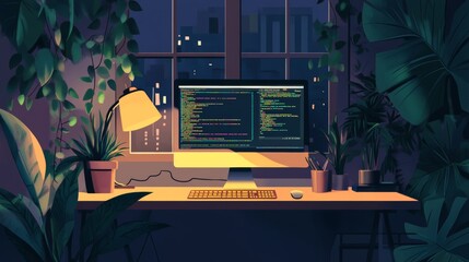 Nighttime Cozy Workspace with Coding and Data Visualization