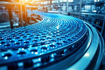 Canvas Print - Close-up of a Blue Conveyor Belt with Circular Indentations