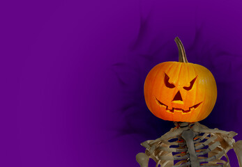 Wall Mural - Skeleton with spooky pumpkin head on purple background, space for text. Halloween celebration