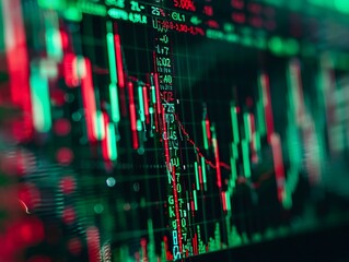 Wall Mural - A close-up of stock market charts with green and red candlestick patterns, financial data, and real-time graphs. 