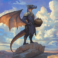 Wall Mural - Anthropomorphic Dragon Stands on a Rocky Outcrop, Holding a Mysterious Object.