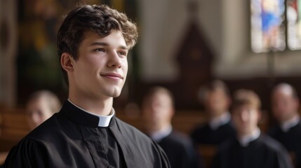 A young man in a black robe stands in front of a group of people