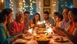 © Shivamrajput46  - Family playing with sparklers, Indian Hindu family gathered together celebrating Diwali, ndian Family in Traditional Clothes Gathered Together on a Dinner Table in a Backyard Garden Full of Lights.