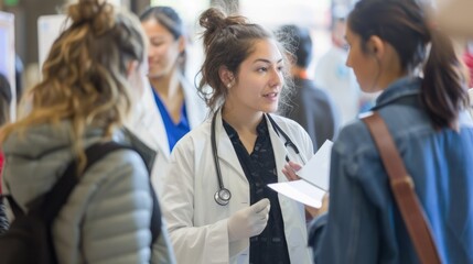 A woman in a white lab coat is talking to two other women