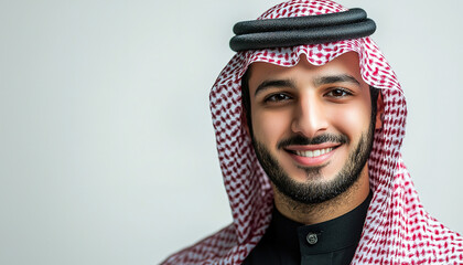 Canvas Print - Portrait of a smiling Saudi man wearing a thobe and ghutrah (traditional headscarf) on a white background