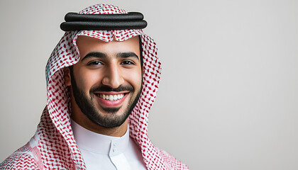 Portrait of a smiling Saudi man wearing a thobe and ghutrah (traditional headscarf) on a white background