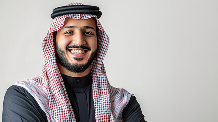 Portrait of a smiling Saudi man wearing a thobe and ghutrah (traditional headscarf) on a white background