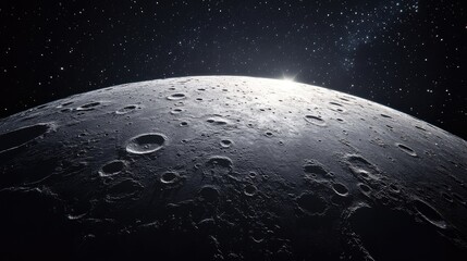 Detailed panoramic view of the moon's cratered surface, illuminated by the light of distant stars in space. No people. No logo.