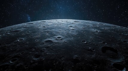 Detailed panoramic view of the moon's cratered surface, illuminated by the light of distant stars in space. No people. No logo.