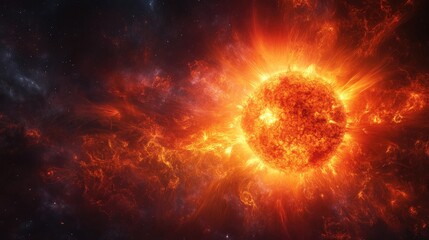 Wall Mural - Panoramic image capturing the Sun's fiery eruptions and swirling plasma, with a dramatic glow against deep space. No people. No logo.