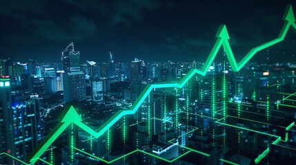 A modern city skyline illuminated with digital growth charts to represent financial success and progress in technology.