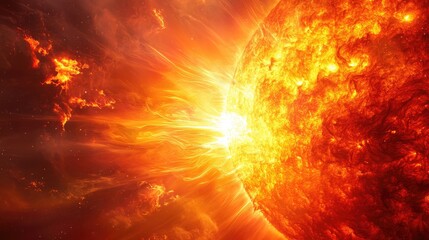 Wall Mural - Wide panorama of the Sun, capturing its radiant corona and bright solar activity with intense colors. No people. No logo.