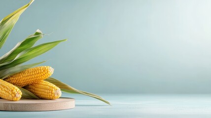 Chrome podium with golden detailing showcasing fresh corn with exquisite attention to detail.