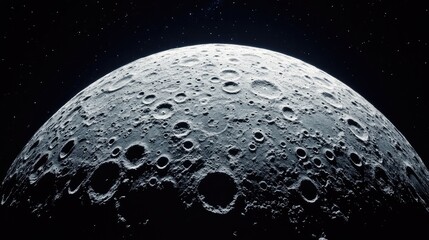 Wall Mural - Wide panoramic close-up of the moon in full phase, revealing its cratered surface and rugged terrain in space. No people. No logo.