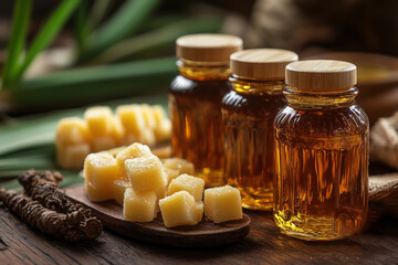 Bottles filled with rich sugarcane syrup are displayed next to cubes of fresh sugar on a wooden surface