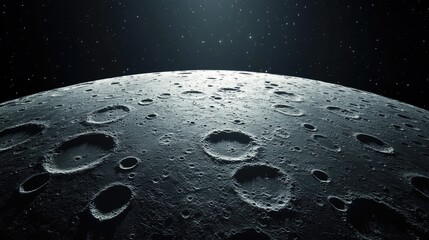 Wall Mural - Wide panoramic view of the moonas illuminated side, with sharp craters and shadows visible in deep space. No people. No logo.