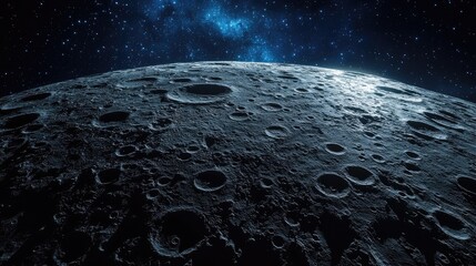 Wall Mural - Wide panoramic view of the moonas illuminated surface, focusing on its craters and texture under starlight. No people. No logo.