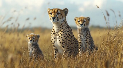 mother cheetah with her two cubs sitting on tall savanna grasses, looking at the camera, an intimate