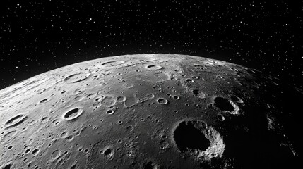 Poster - Wide view of the moon with a focus on the rugged craters and maria, against a backdrop of countless stars. No people. No logo.