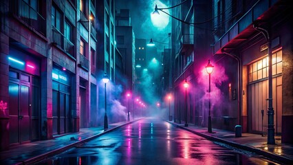 Dark city street with neon lights, spotlights, and smoke floating up the interior texture