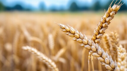 Wall Mural - Close-up detail of mature wheat ears against a blurry golden wheat field. The focus highlights the textures and structure of the mature grains under the soft afternoon light.