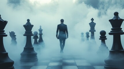 man walking among giant chess pieces in