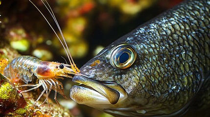 A small shrimp cleans the teeth of a large fish in a close-up underwater shot.