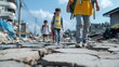 © Pinklife - Children walk through a disaster-stricken area, navigating a cracked and damaged street, highlighting the resilience and strength of youth in the face of adversity.