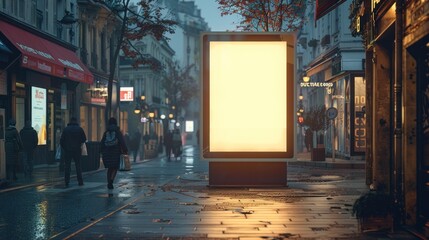 A blank street billboard poster stand in a bustling city business district, showcasing natural lighting and an urban atmosphere.