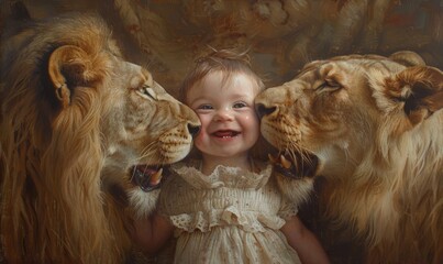 portrait of a skinny smiling BABY surrounded by two kissing Lions