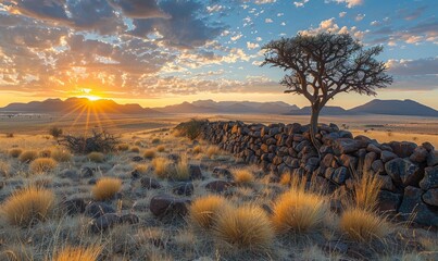 Quiver tree and rock wall at sunset; Namibia