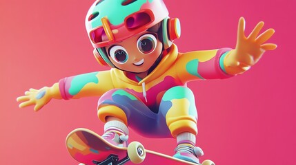 Poster - A cartoon character with brown skin and a colorful outfit is skateboarding.