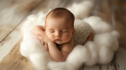 Poster - A newborn baby sleeps peacefully in a white, fluffy nest.