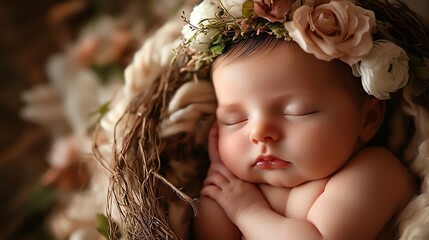 Canvas Print - A sleeping newborn baby girl wearing a flower crown and nestled in a woven basket.