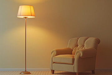 Wall Mural - A highly detailed, ultra-realistic image of a stylish room interior featuring a comfortable armchair and a floor lamp positioned near a light-colored wall