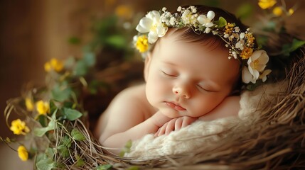 Canvas Print - A newborn baby girl sleeps peacefully with a flower crown on her head.