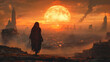 © eruppee - dune style dystopian wallpaper art, futuristic city landscape, decay sunset, nomad survivor woman, sci-fi science fiction parallel universe planet game poster artwork, desert