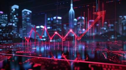 Real estate and property crisis. Dynamic city skyline with glowing data visualization and upward trend, representing finance and technology innovation.