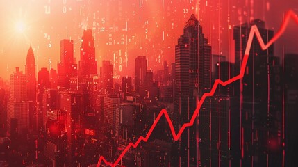 Real estate and property crisis. Dynamic city skyline with rising stock market trends and a vibrant red backdrop, symbolizing growth and financial success.