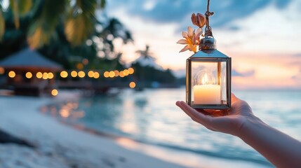 Wall Mural - A hand gently holds a lantern on a tropical beach as the sun sets over the horizon, casting a beautiful glow over the sand and water, creating a peaceful ambiance.