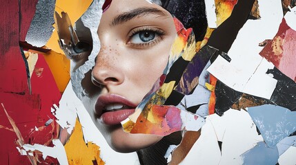 Wall Mural - A painting of a woman's face with a variety of textures and colors.