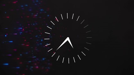 Wall Mural - Animation of clock ticking and glowing light trails moving over black background