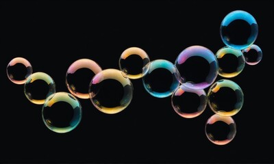 Canvas Print - Multiple iridescent soap bubbles floating against a black backdrop