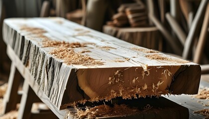 Wall Mural - Craftsmanship Shines: Close-Up of Raw Wooden Logs and Sawdust on a Rustic Workbench