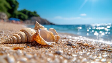 A picturesque scene of several seashells laying on the sand of a bright and sunny beach with clear blue sky and shimmering ocean water in the background.