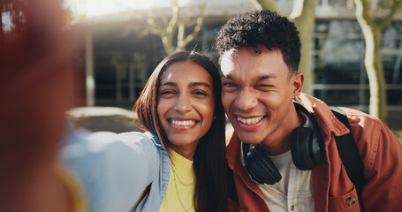 Sticker - Happy students, portrait and friends with selfie for picture, memory or photography at outdoor campus. Young, man and woman with smile in joy for moment, capture or friendship together at university