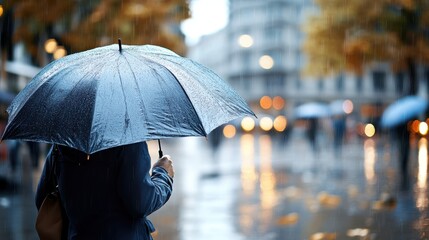 A person holds a blue umbrella, standing in the rain on a city street filled with walking people, bright street lights creating reflections on the wet pavement, capturing lively office life in an urb