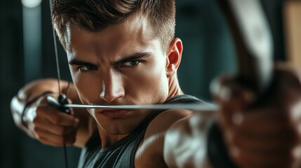 Canvas Print - A young man with a focused expression aims with a bow and arrow.