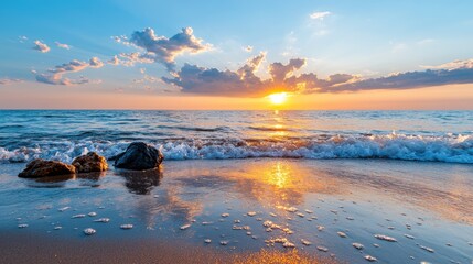 Sticker - A serene sunset view at the beach, capturing waves gently hitting the shore with a beautiful, colorful sky in the background, creating a tranquil and peaceful ambiance.